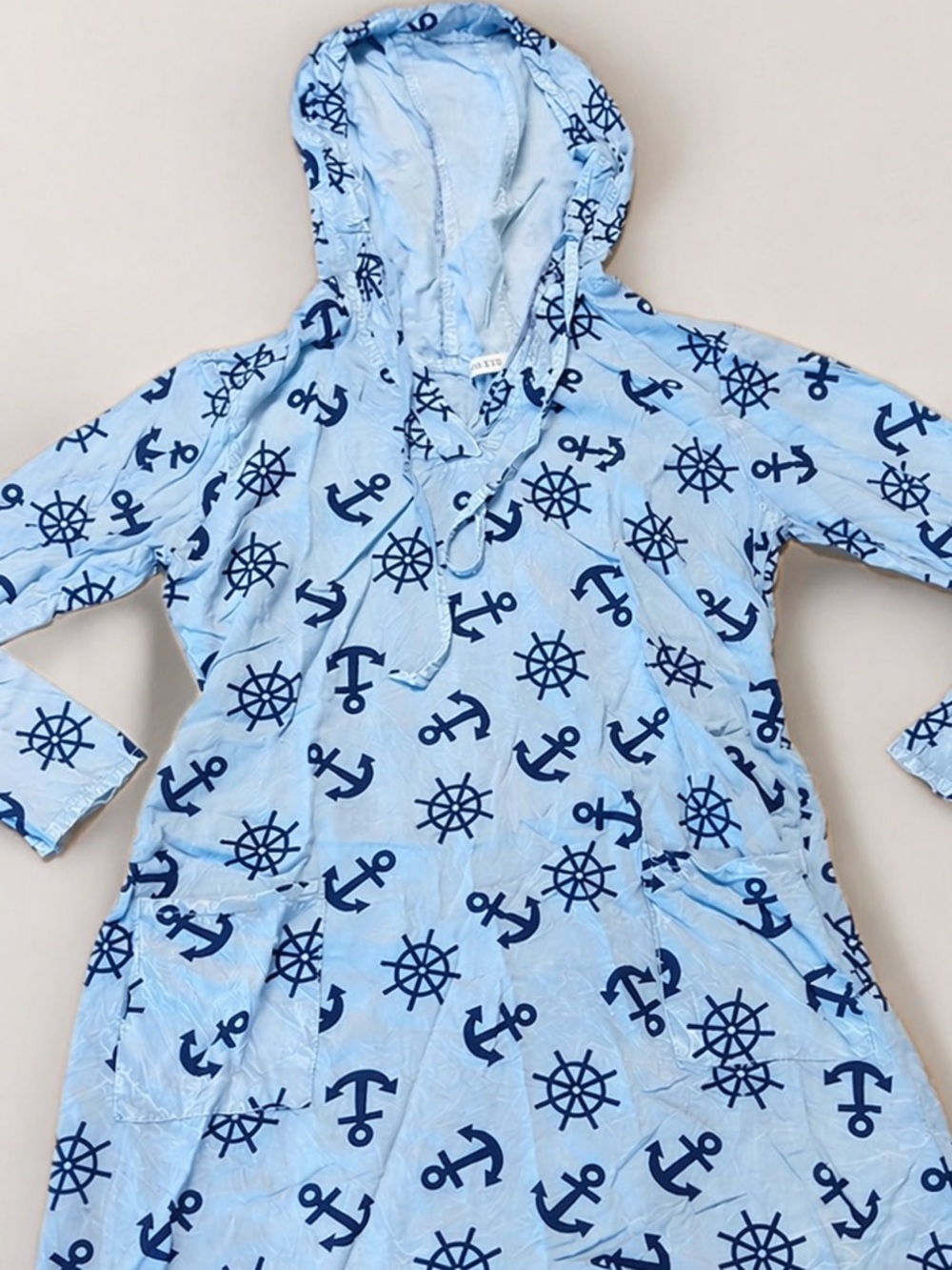 Coastal Nautical Hooded Tunic Dress Blue Anchors Ship Wheel Beachy Boho - Picture 2 of 3